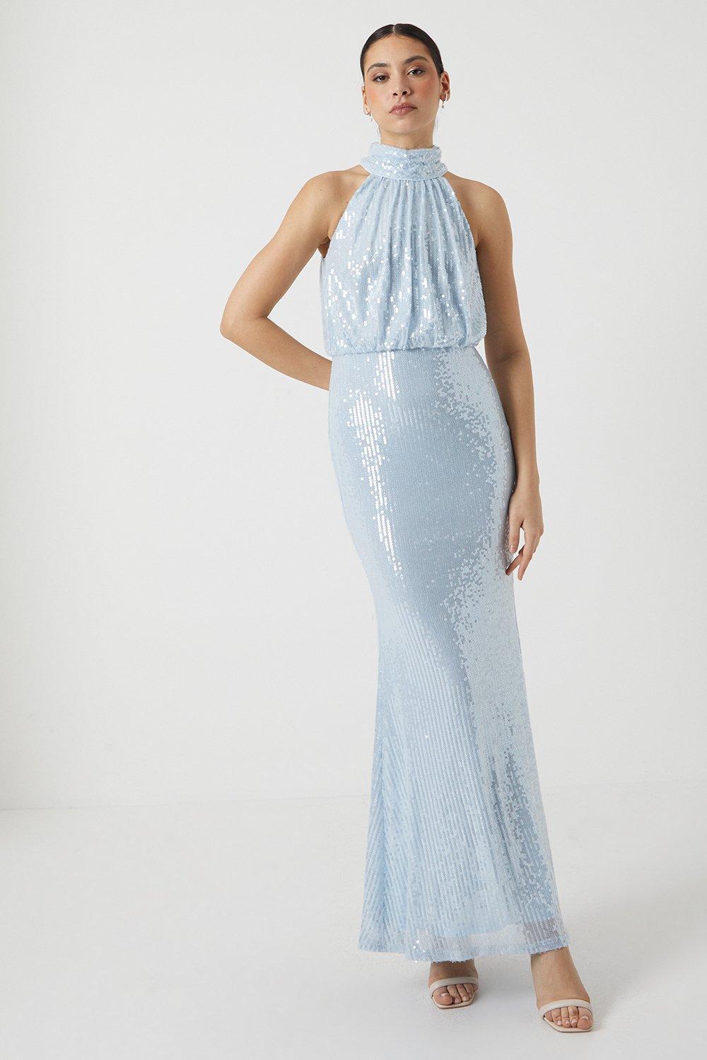 Halter Neck Sheer Sequin Bridesmaids Maxi Dress - Ice Blue